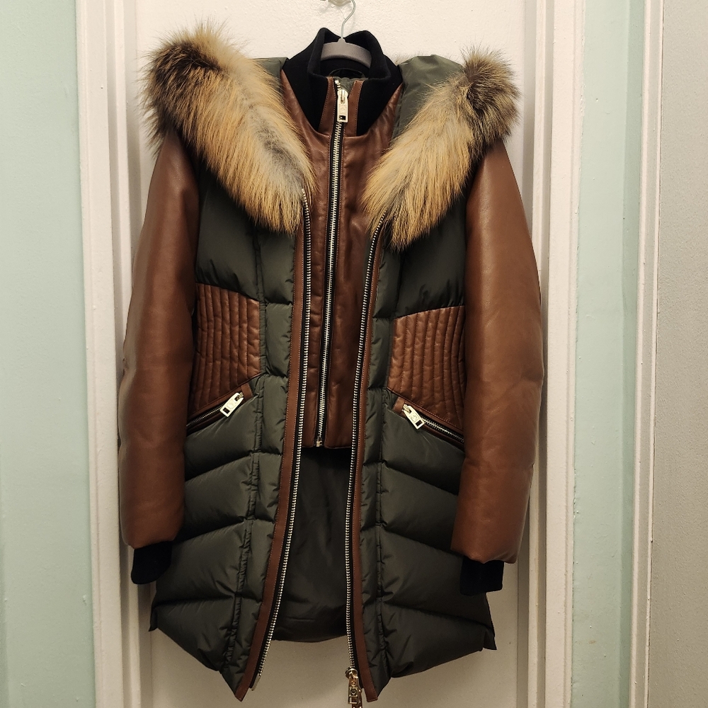 SERIES by Nicole Benisti Size S Leather Accent Down Jacket Fur Trim Hood - Picture 2 of 7